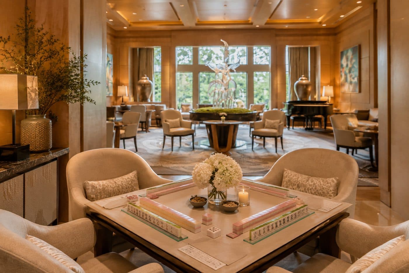 An elegant Mahjong table set in The Umstead lounge